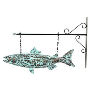 30in Metal Salmon Hanging Wall Bracket Verdigris Copper Coastal Outdoor Decor